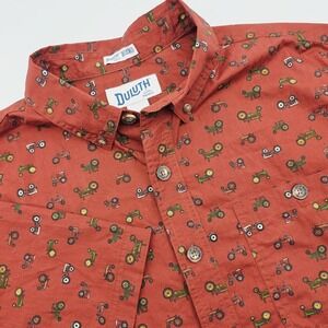 Duluth Shirt Men L Short Sleeve Orange Relaxed Fit Tractor AOP Untucked